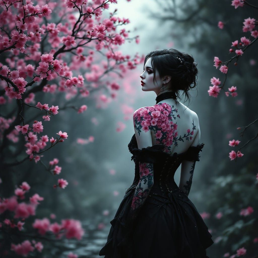 Ethereal Gothic Beauty Adorned with Vibrant Cherry Blossom T...