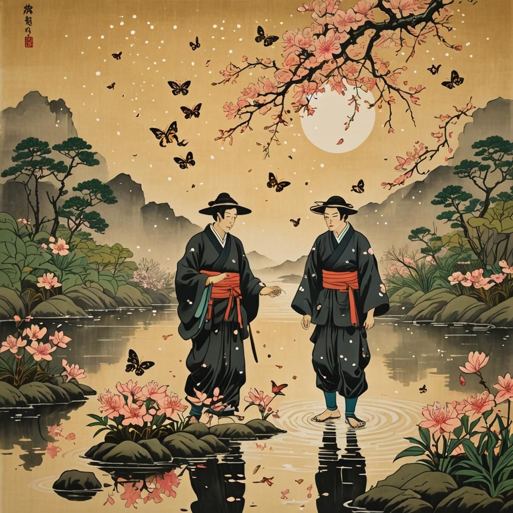 Daimyo Capturing Butterflies: Ukiyo-e Style