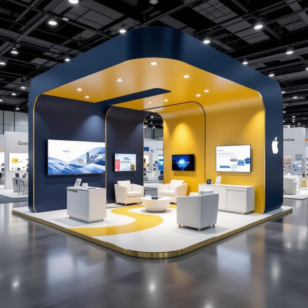 Modern Exhibition Booth Design with Blue, Gold, and White Th...