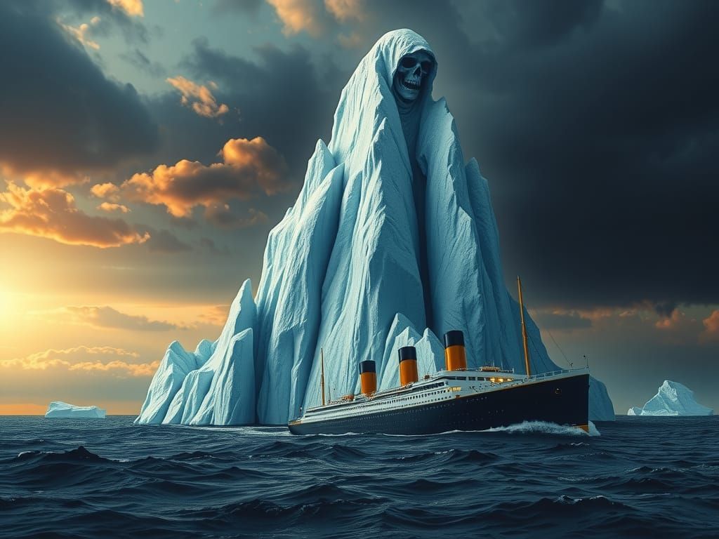 Grim Reaper Iceberg Dooms the Titanic: Dark Surrealism