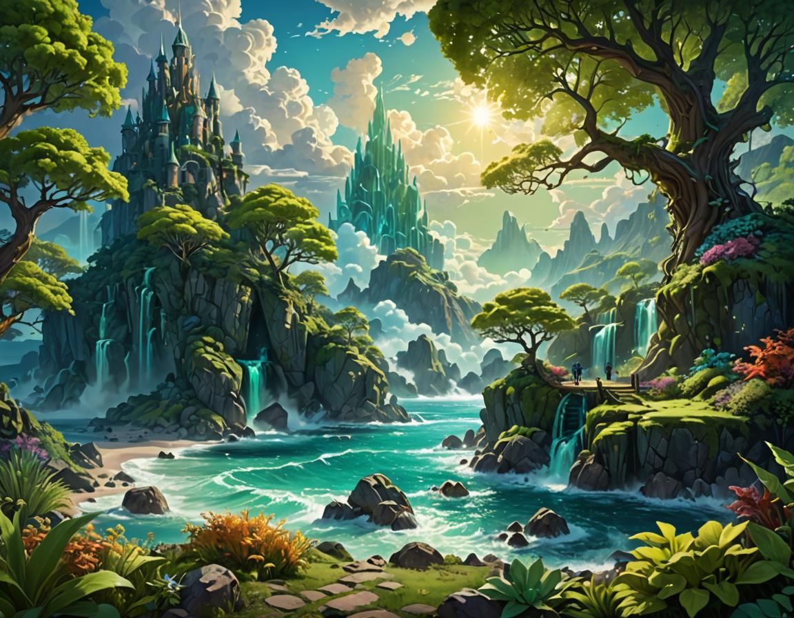 Luminous Fantasy Landscape with Iridescent Crystal Trees