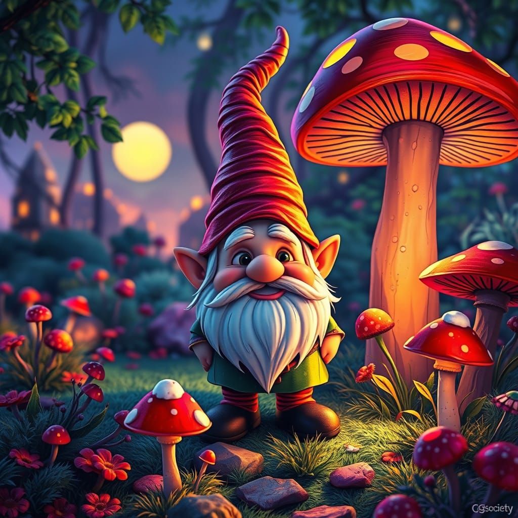 Cartoon Gnome in Enchanted Garden at Twilight