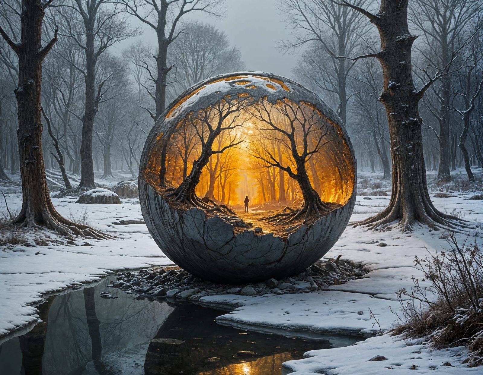 Golden Forest Revealed in Cracked Stone Sphere
