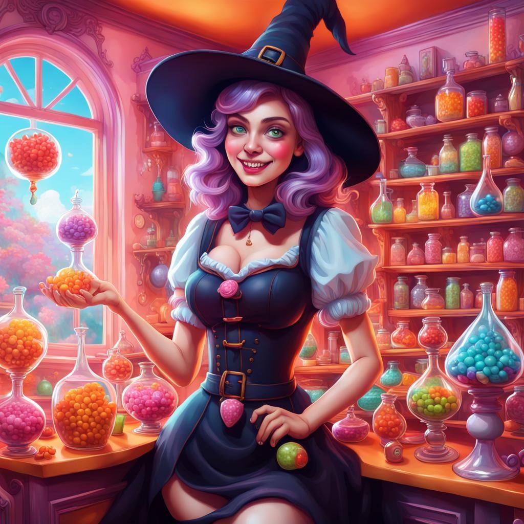 Happy Witch in Magical Candy Land Home