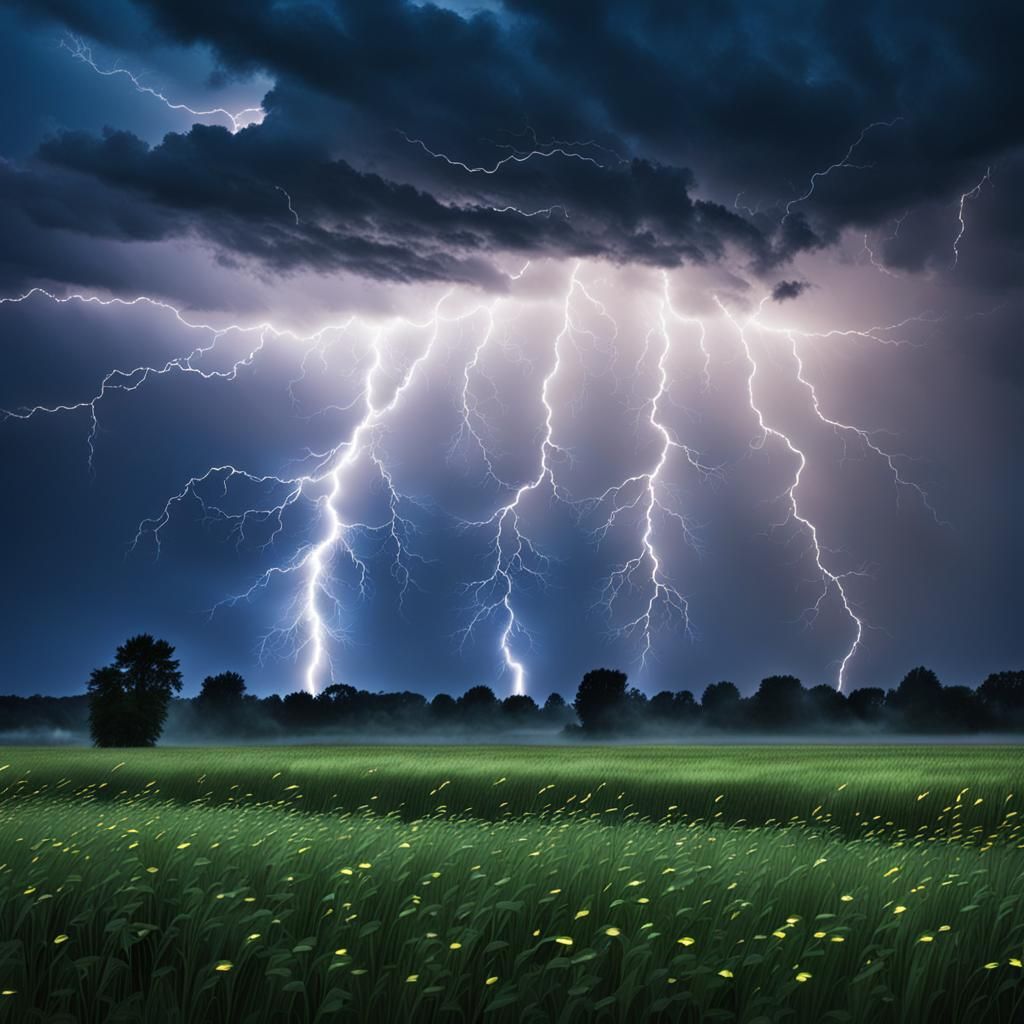 A lightning storm from which fireflies descend on a field in summer.