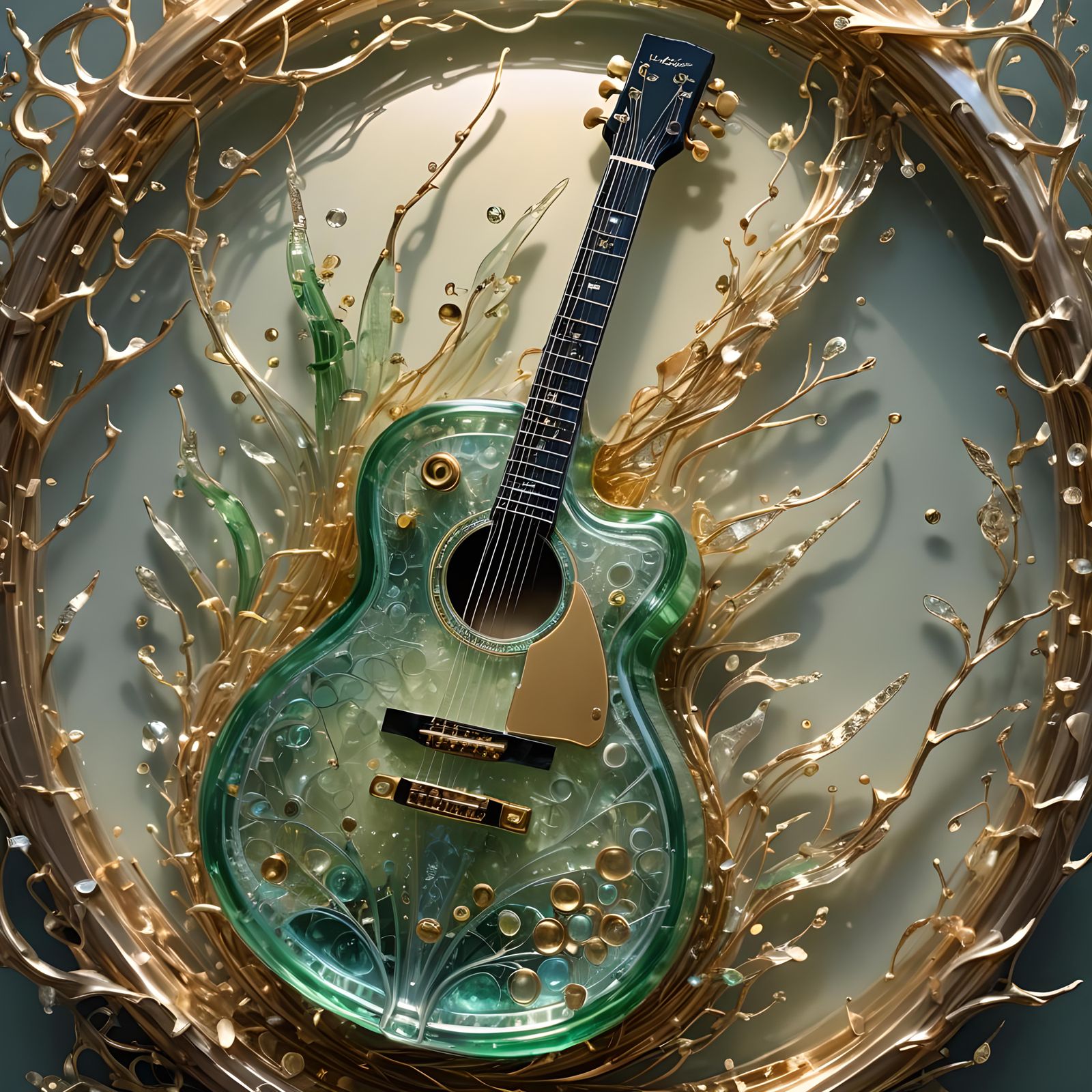 Intricate Crystal Glass Guitar with Golden Aura