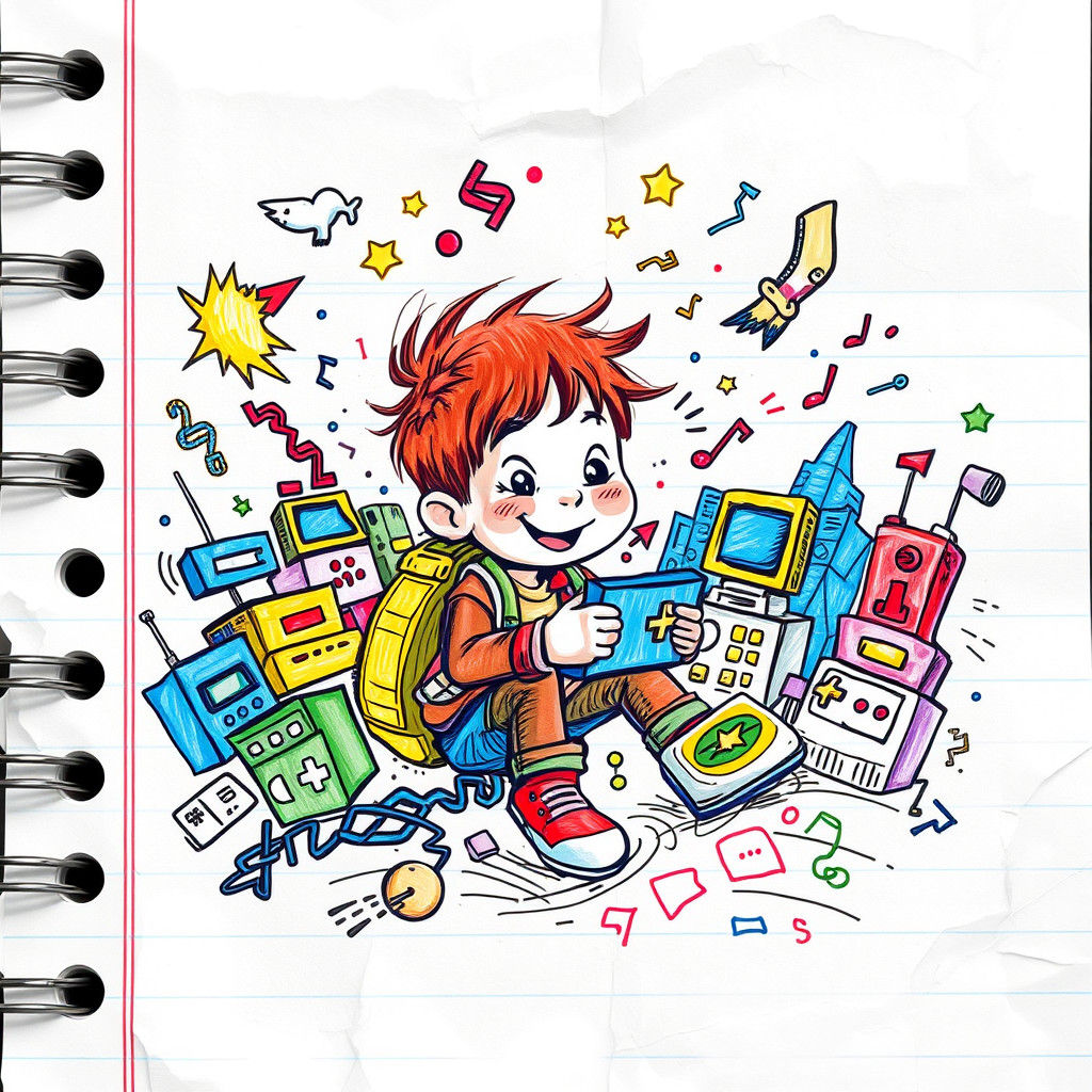 Child's Colorful Doodle Sketch of Video Game Kid