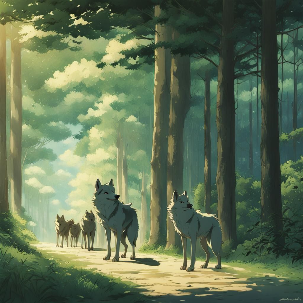 Wolves in Studio Ghibli Anime Style