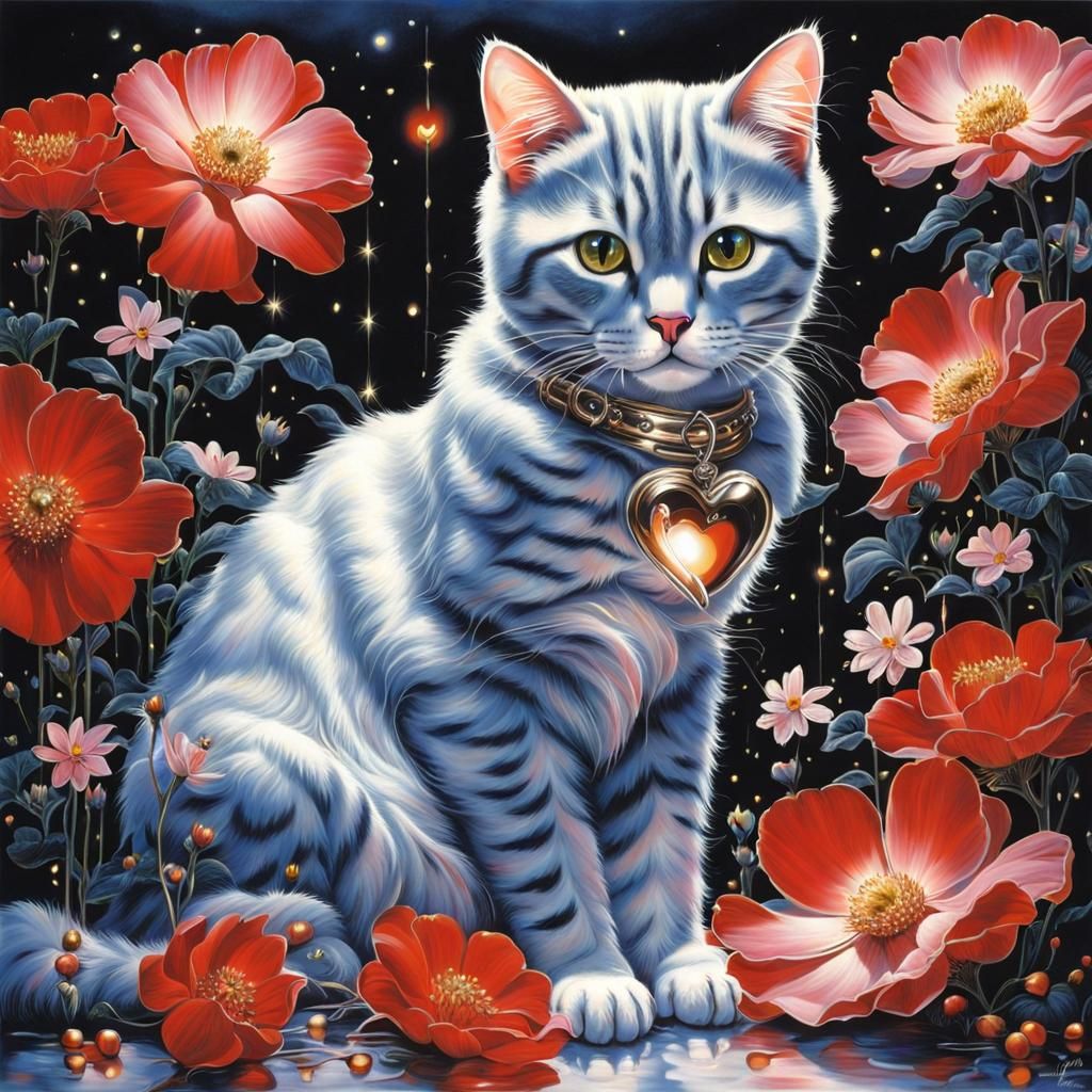 Cat Surrounded by Flowers in Hyper-Realism Style