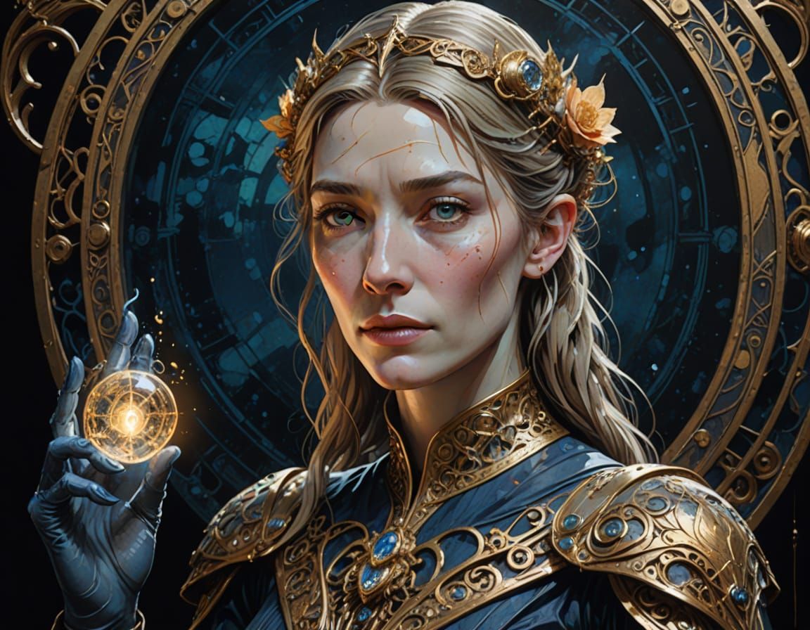 Galadriel in Art Deco Whimsy, Colored Ink Drawing