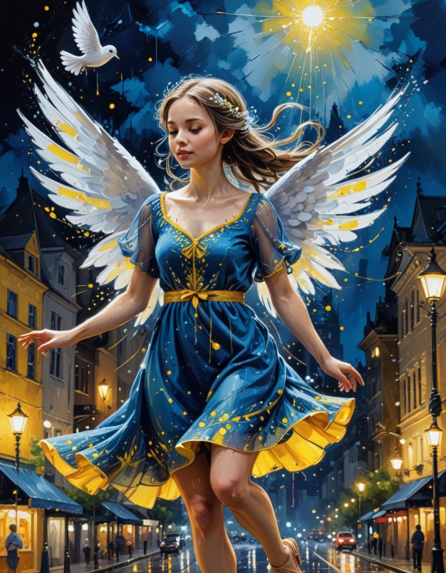 Fairy-Dove Hybrid in Flight: Oil on Canvas