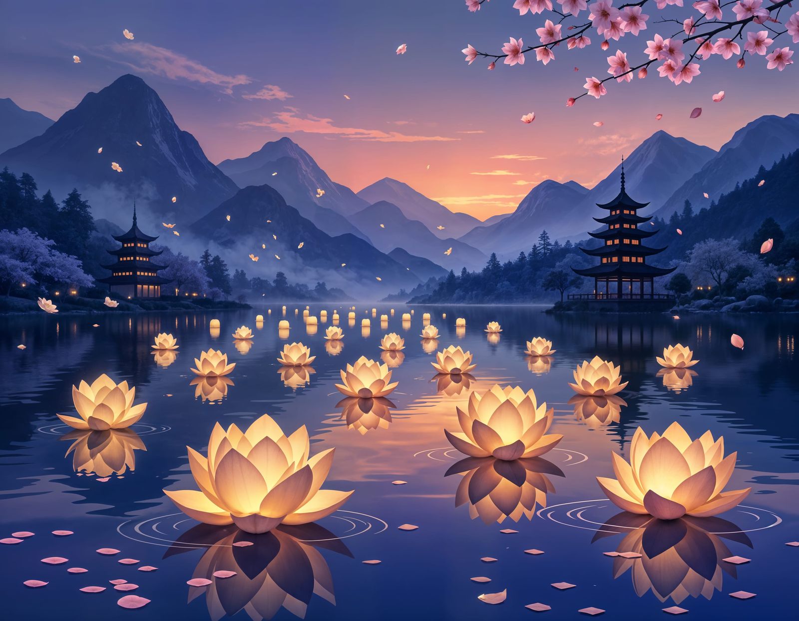 Floating Lanterns on Serene Mountain Lake at Twilight