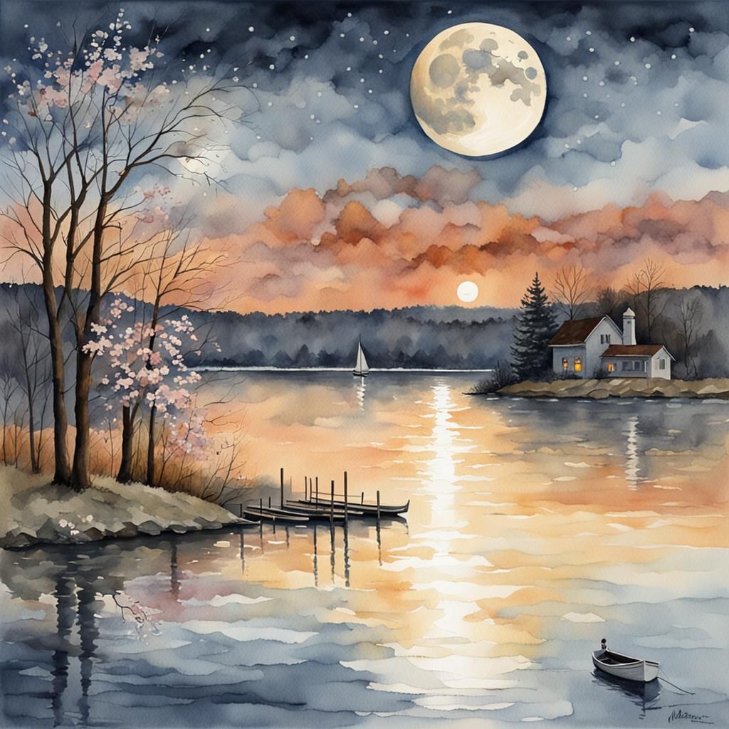 Moonrise Over Conesus Lake Watercolor Painting