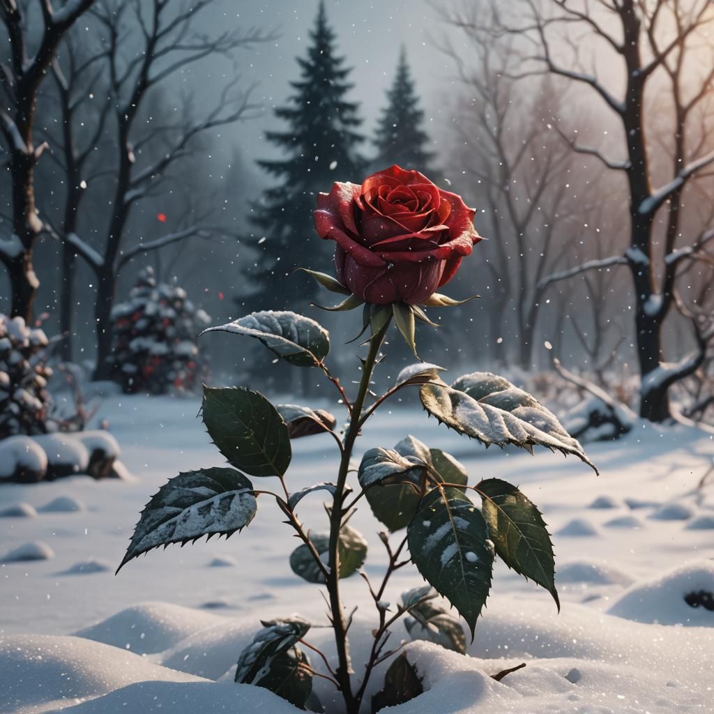 Red Rose in Winter Snow: Detailed Digital Painting