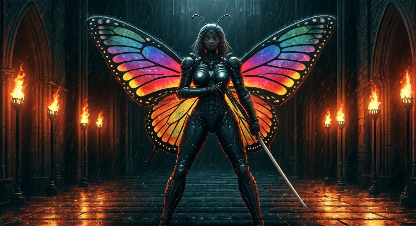 Butterfly Warrior in Rain-Soaked Ruins: Digital Art