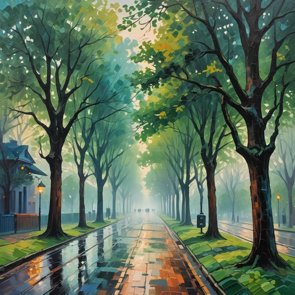Misty Street at Dusk: An Expressionist Oil Painting