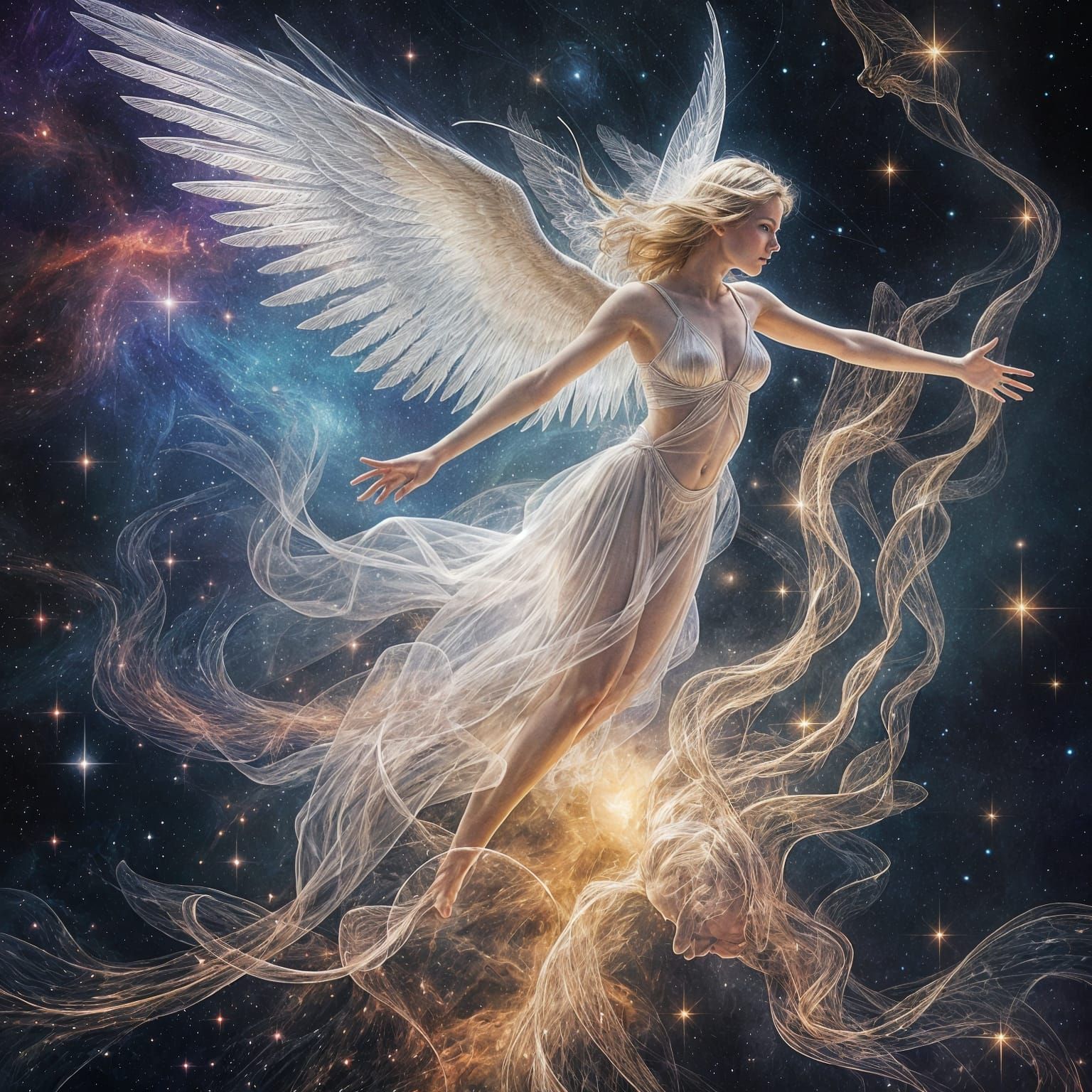Ethereal Angelic Flight in Cosmic Surrealism