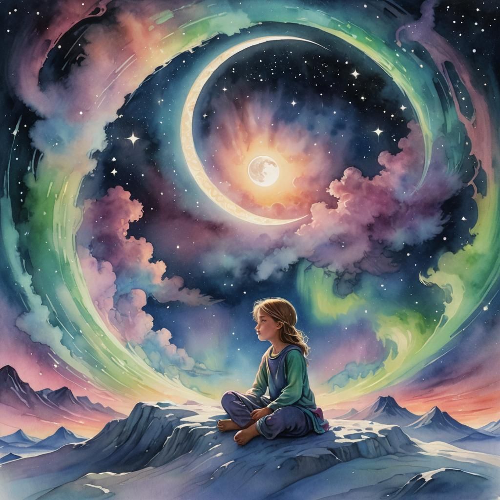 Moon Child in Aurora Borealis, Digital Matte Painting