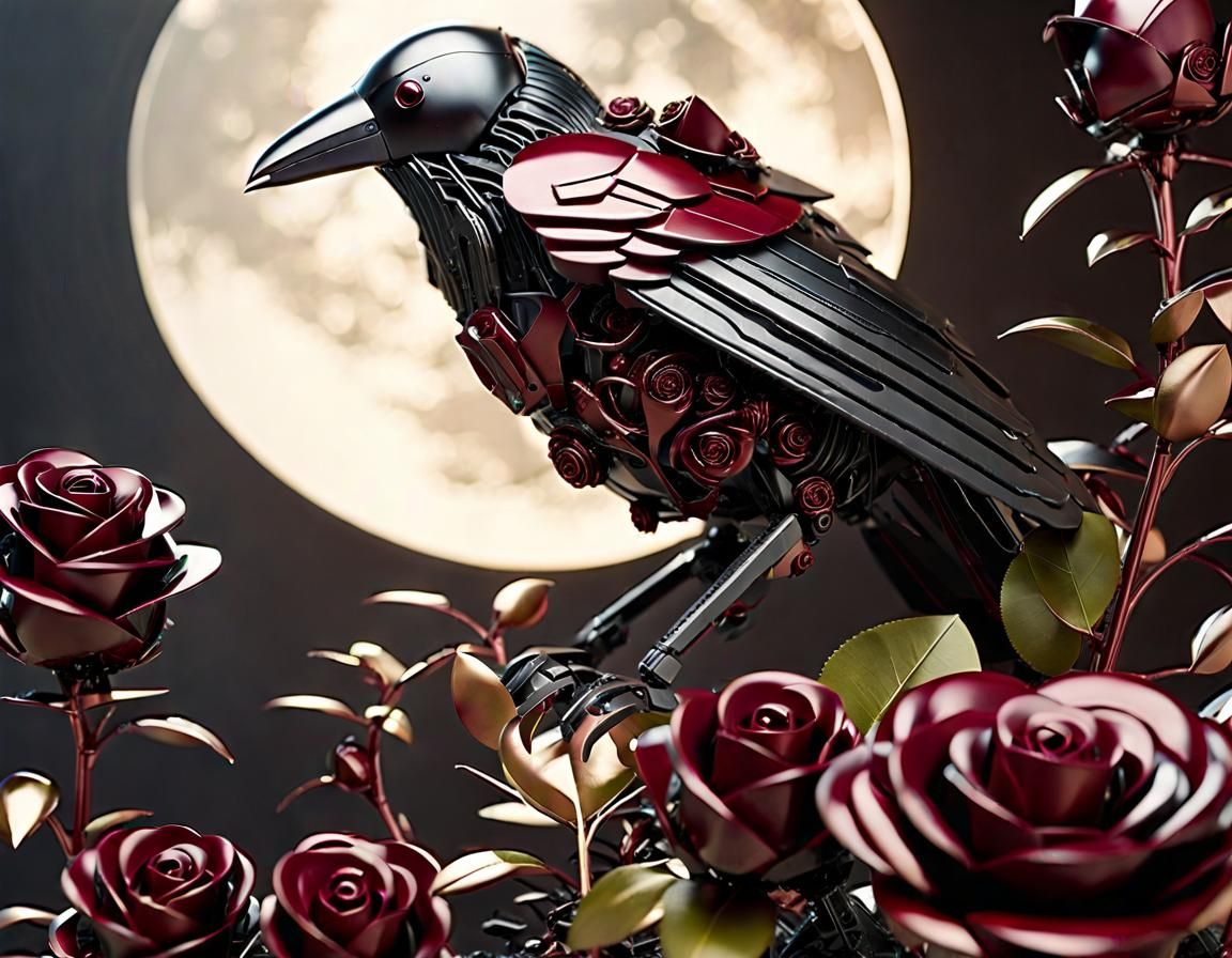Metallic Raven on Steel Roses: Sci-Fi Art