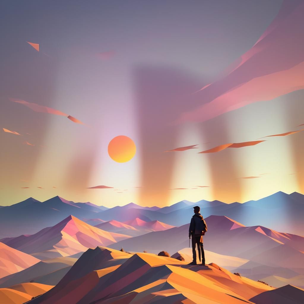 Low-Poly Sunset Silhouette: Minimalist Digital Art