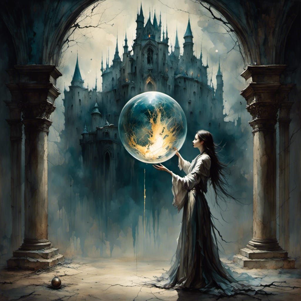 Dark Fantasy Mage Practicing Spells in Castle