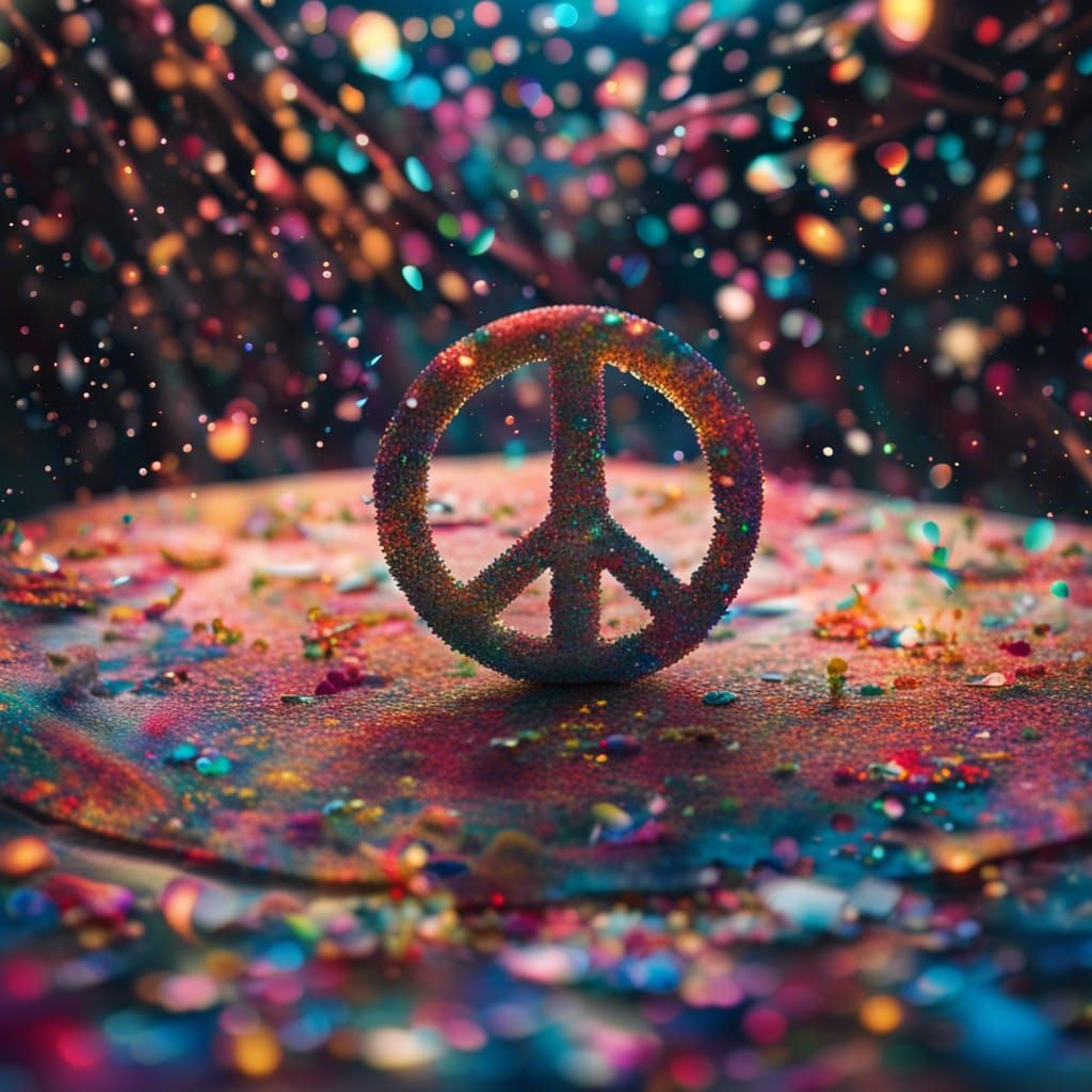 Holographic Peace Confetti: Cosmic Mixed Media Illustration