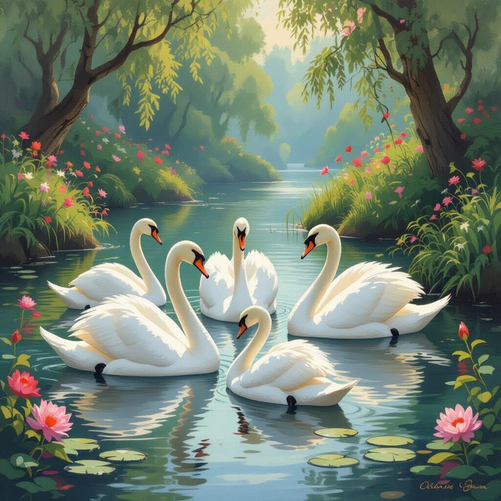 Swans in Lush Waterscape: Romantic Style