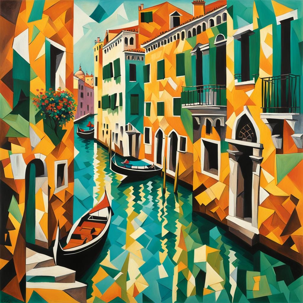 Cubist Venice: Fragmented Buildings in Emerald and Amber