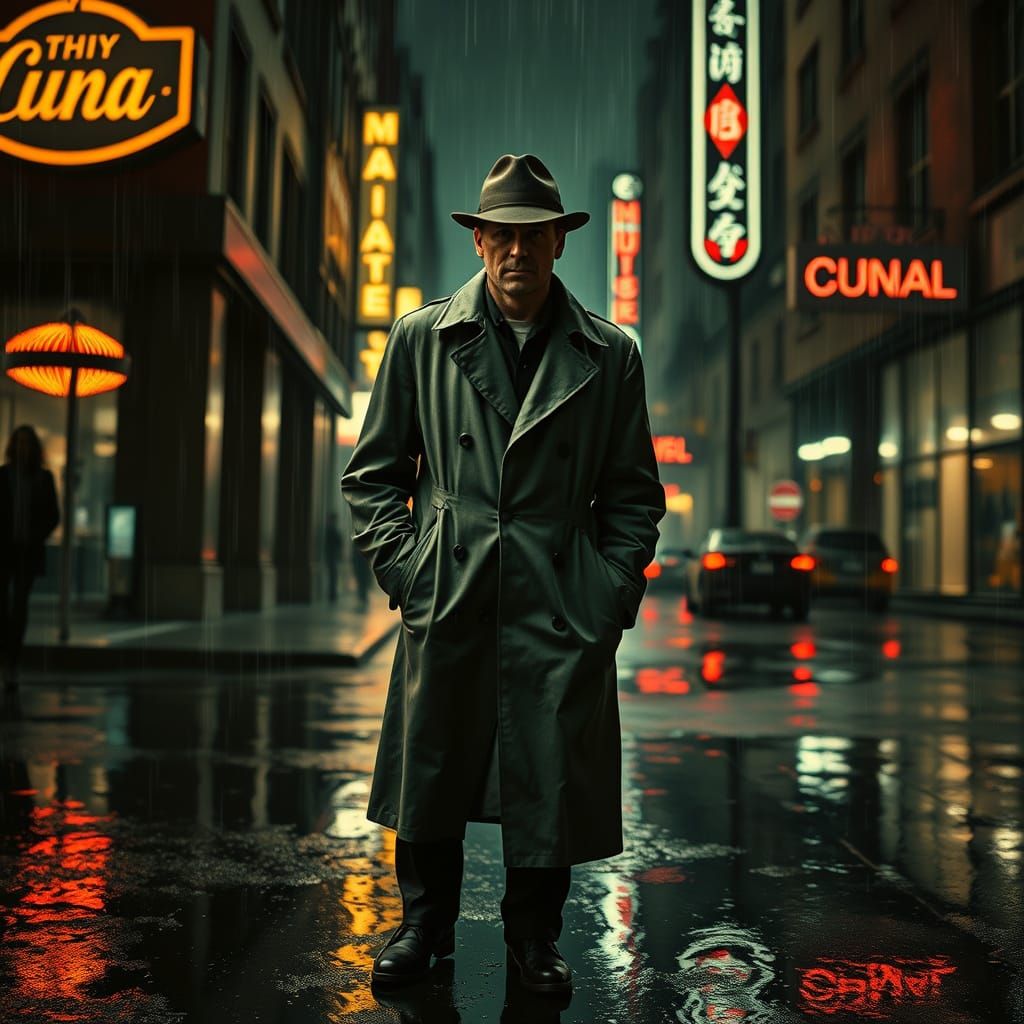 Gritty Film Noir Detective in Rainy Cityscape