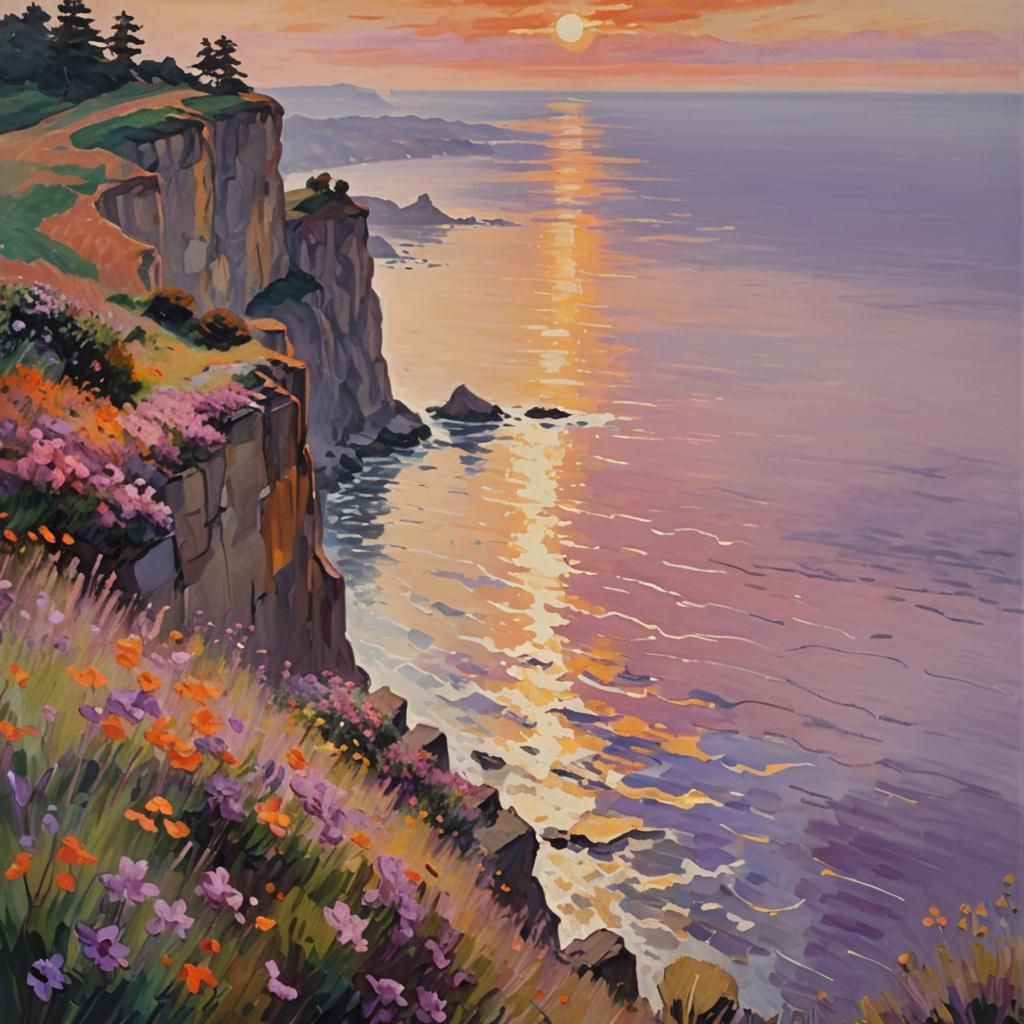 Romantic Sunset Cliffside Scene as Impressionist Painting