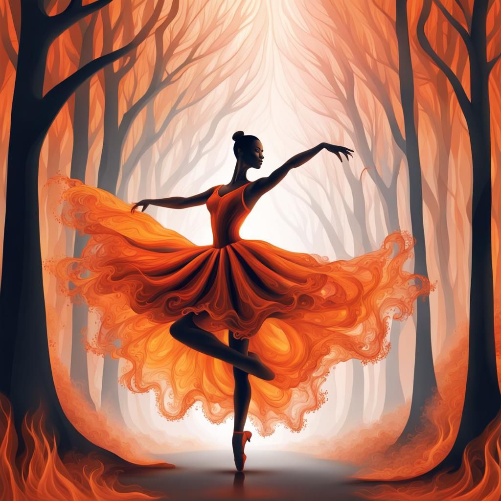 Ballerina Dancing in Fiery Autumn Forest