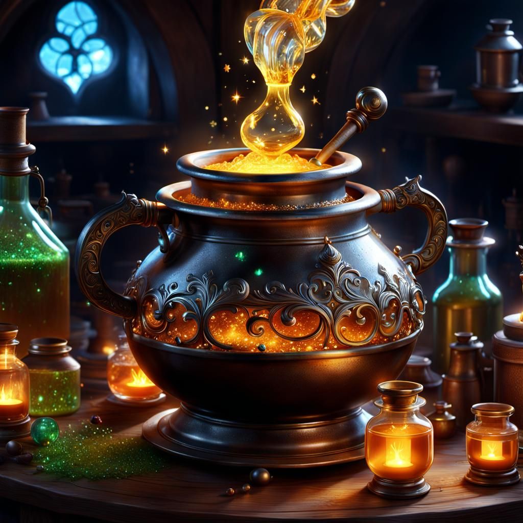 Alchemist Brewing Glowing Potion with Magic Crystals