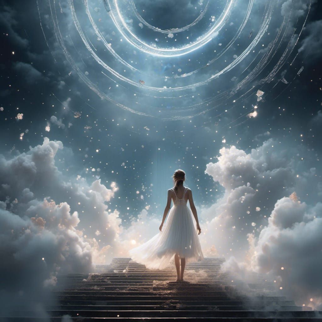 Girl Ascending Ladder to Giant Hand in Clouds