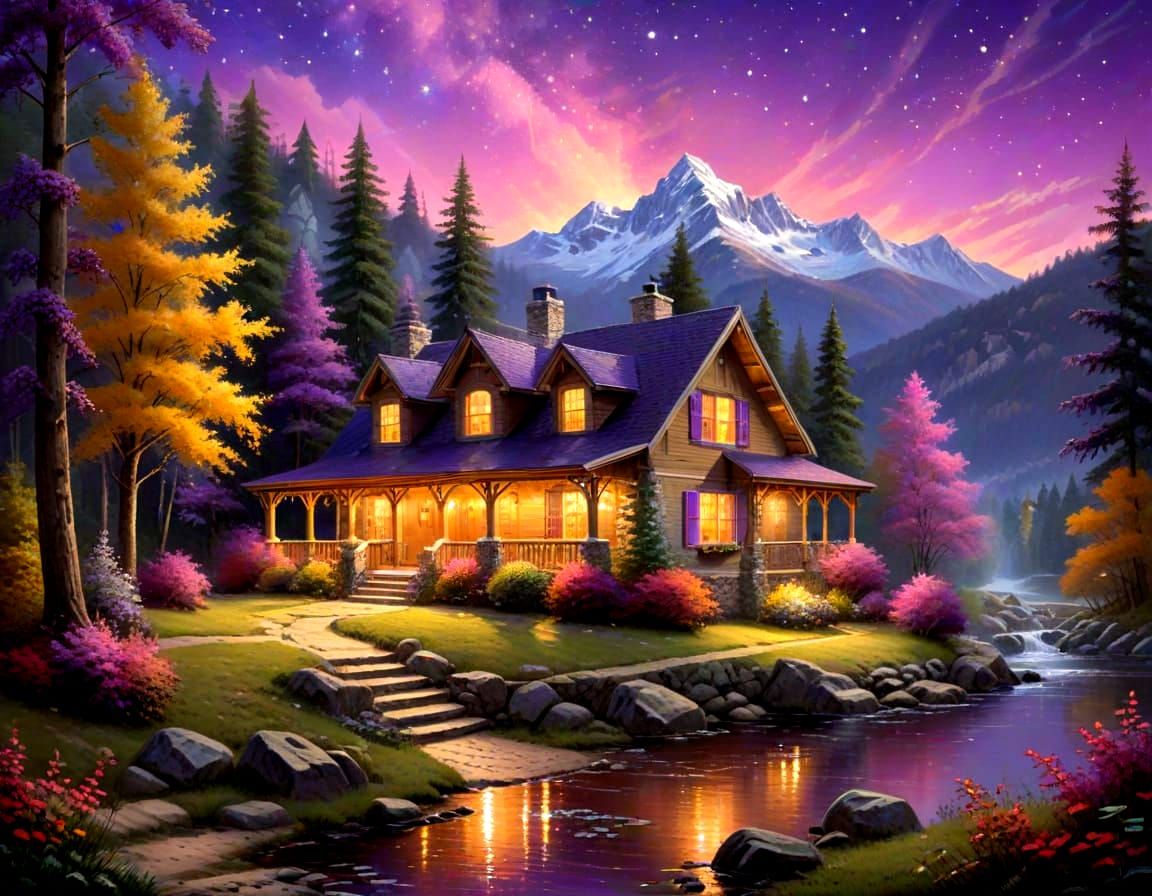 Mountain Lodge in Autumn Night, Oil Painting