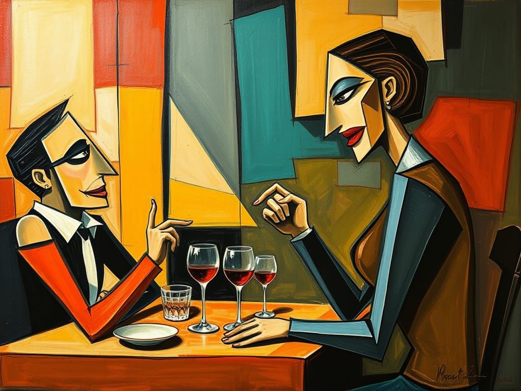 Angular Figures Confront Laughing Waitress, Abstract Art