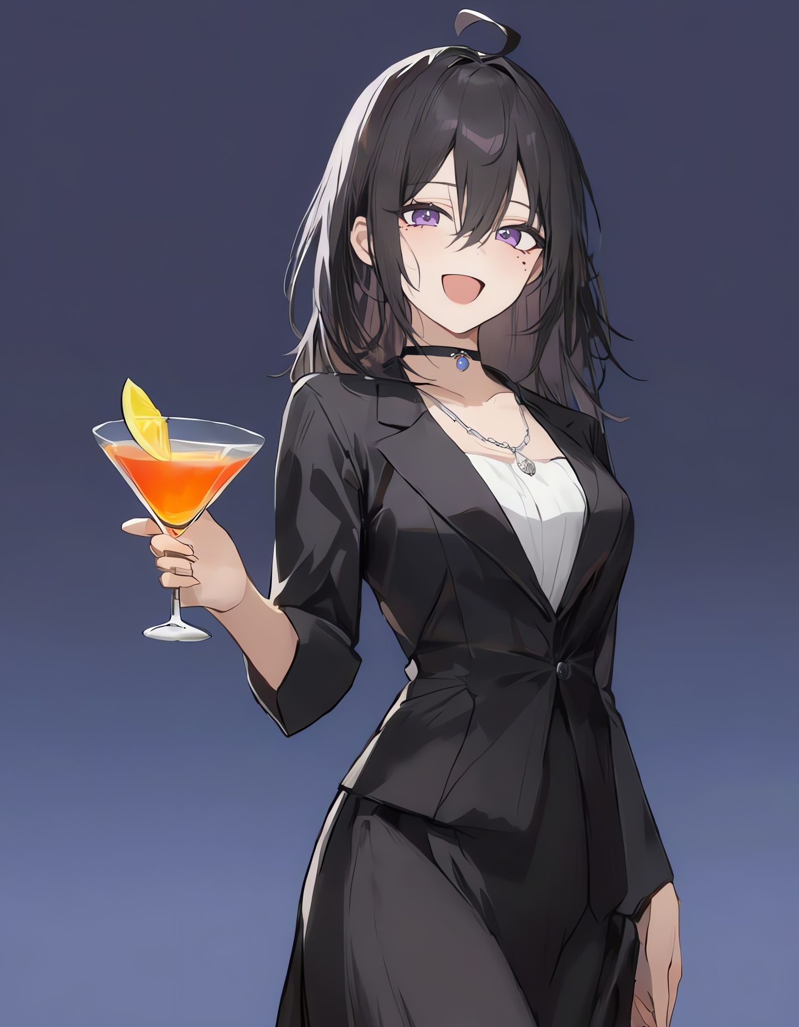 Happy Drunk Woman in Black Gown with Cocktail