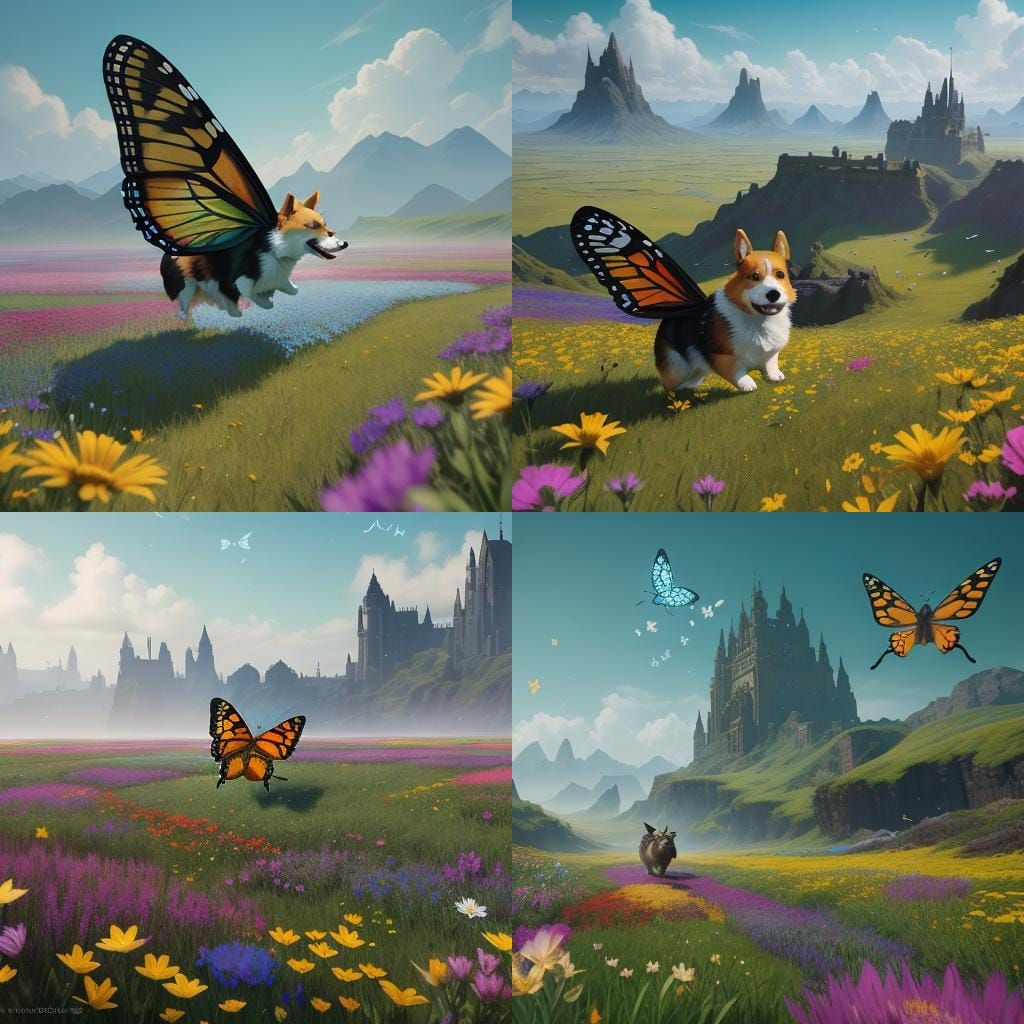 Corgi Butterfly Soaring Over Dog Bone Flowers