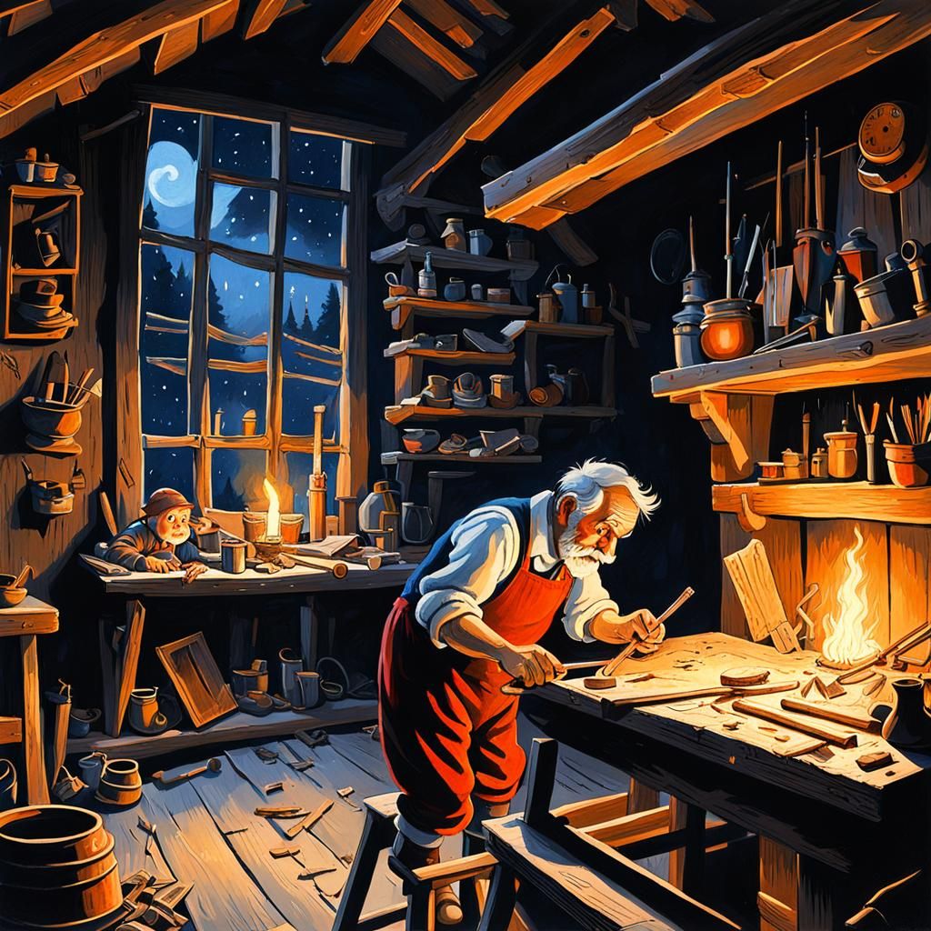 Geppetto Repairs Pinocchio: Gouache Painting