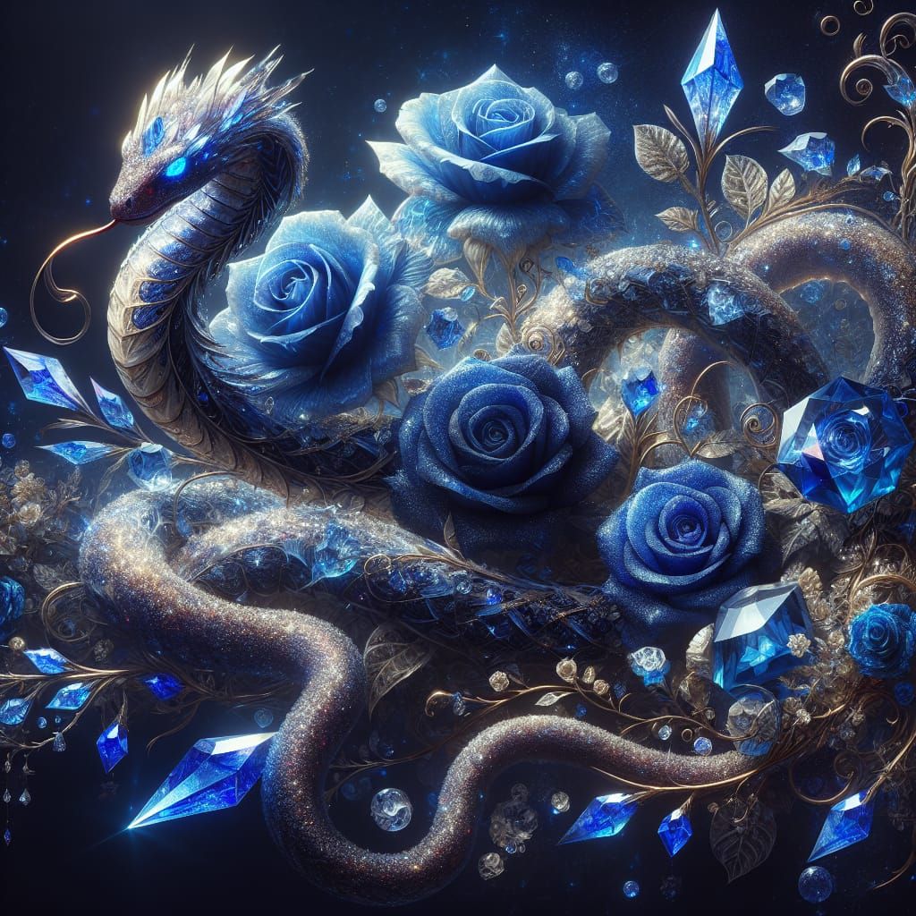 Crystal Snake Near Glittering Roses: Fantasy Concept Art