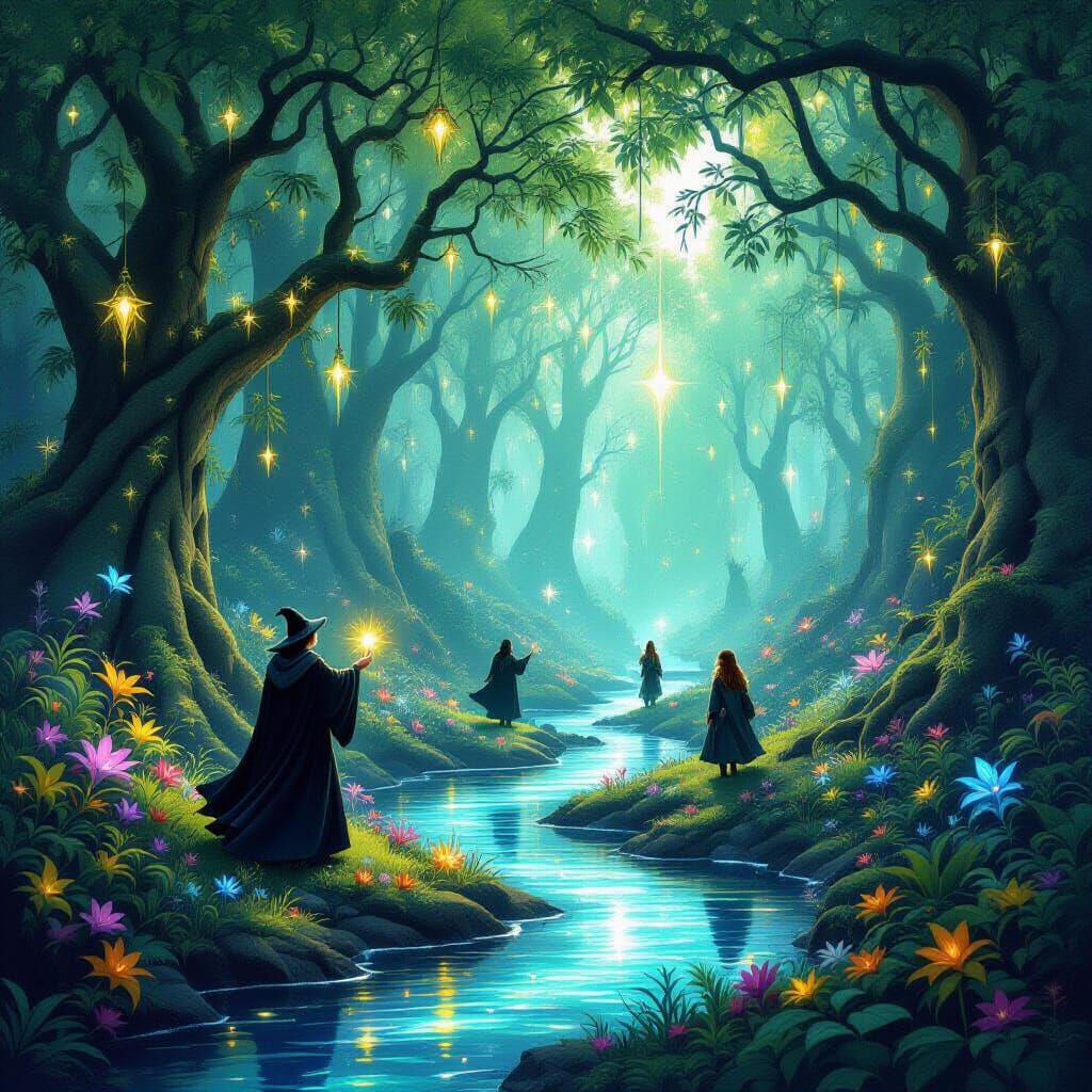 Enchanted Forest with Wizards and Elves
