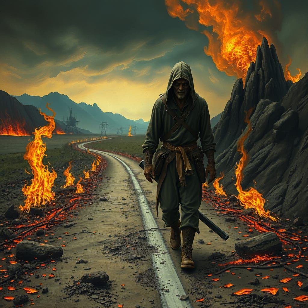Apocalyptic Traveler on a Fiery Highway, Inspired by Bosch