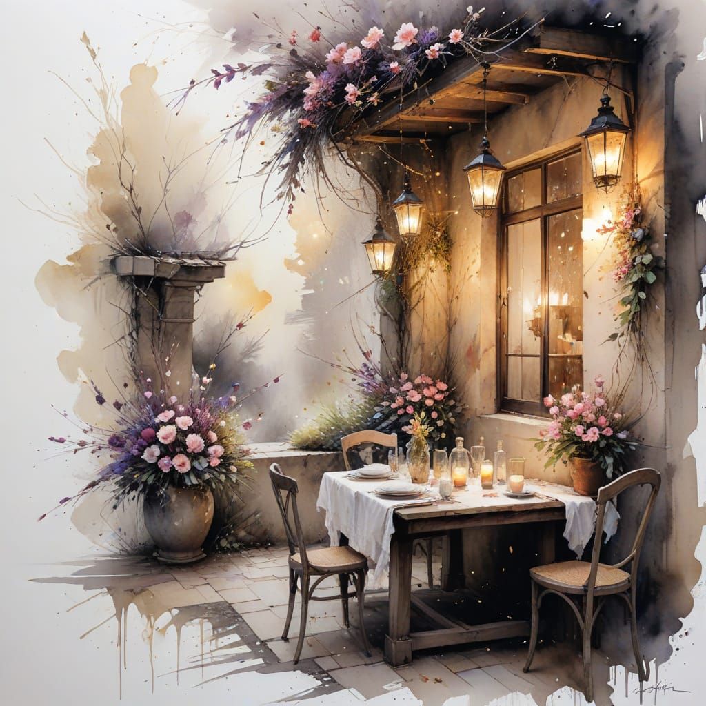 Spring Cafe Courtyard in Impressionistic Style