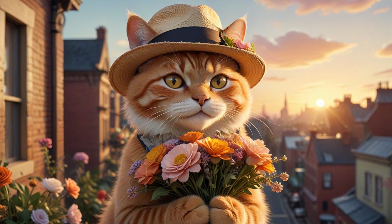 Cat in a Hat Enjoys Jazz Age Elegance on a Whimsical Rooftop