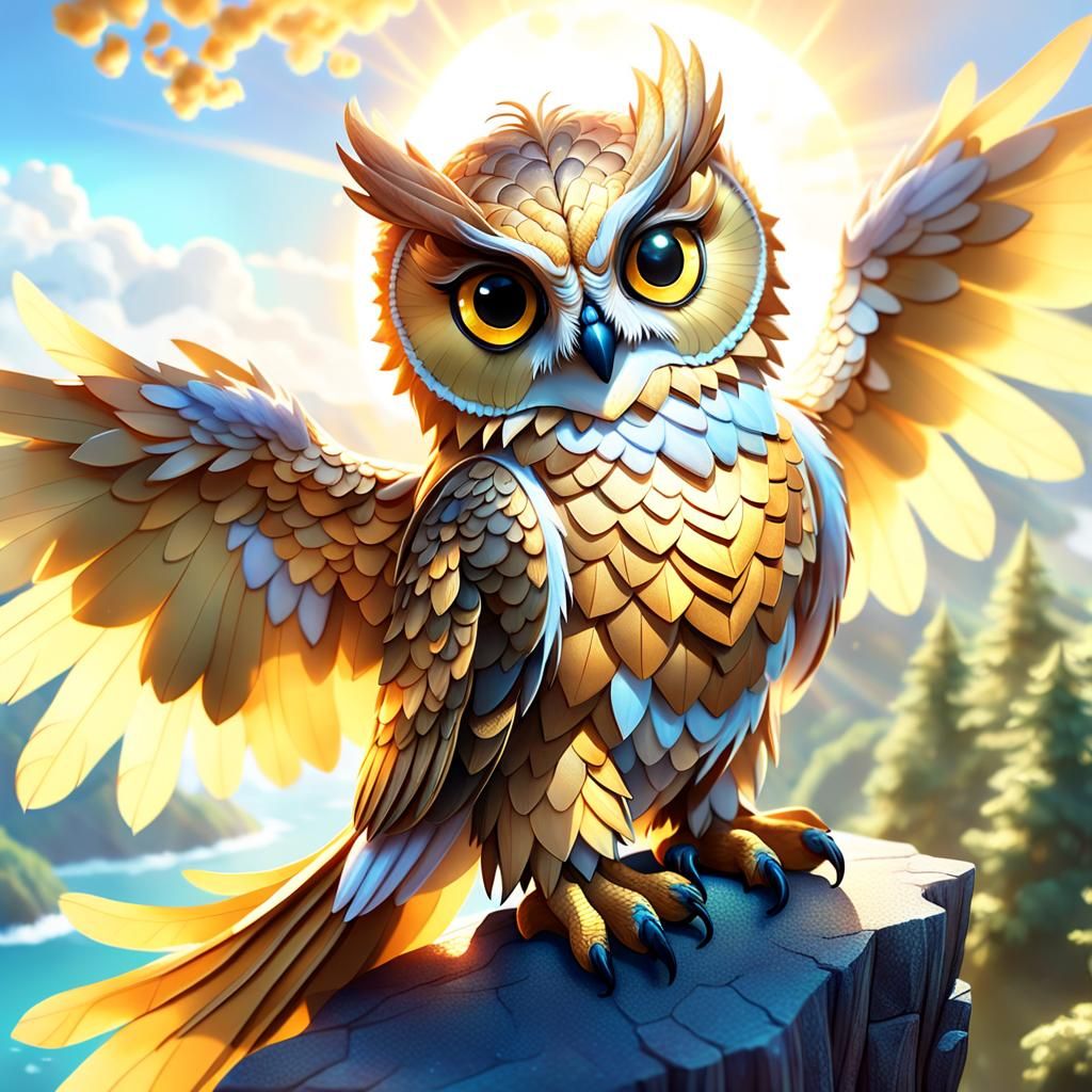 Golden Dragon-Owl Hybrid Hugs Suncream: Digital Matte Painti...