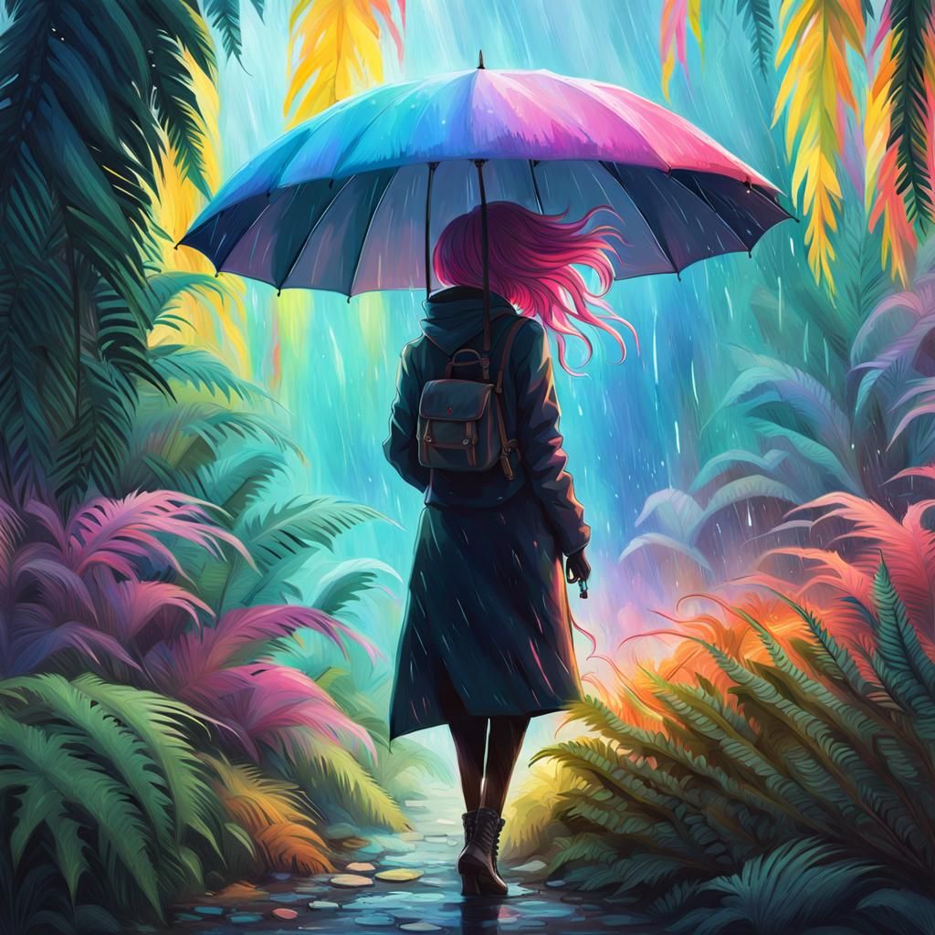 Pastel Silhouette in Rain with Colorful Umbrella