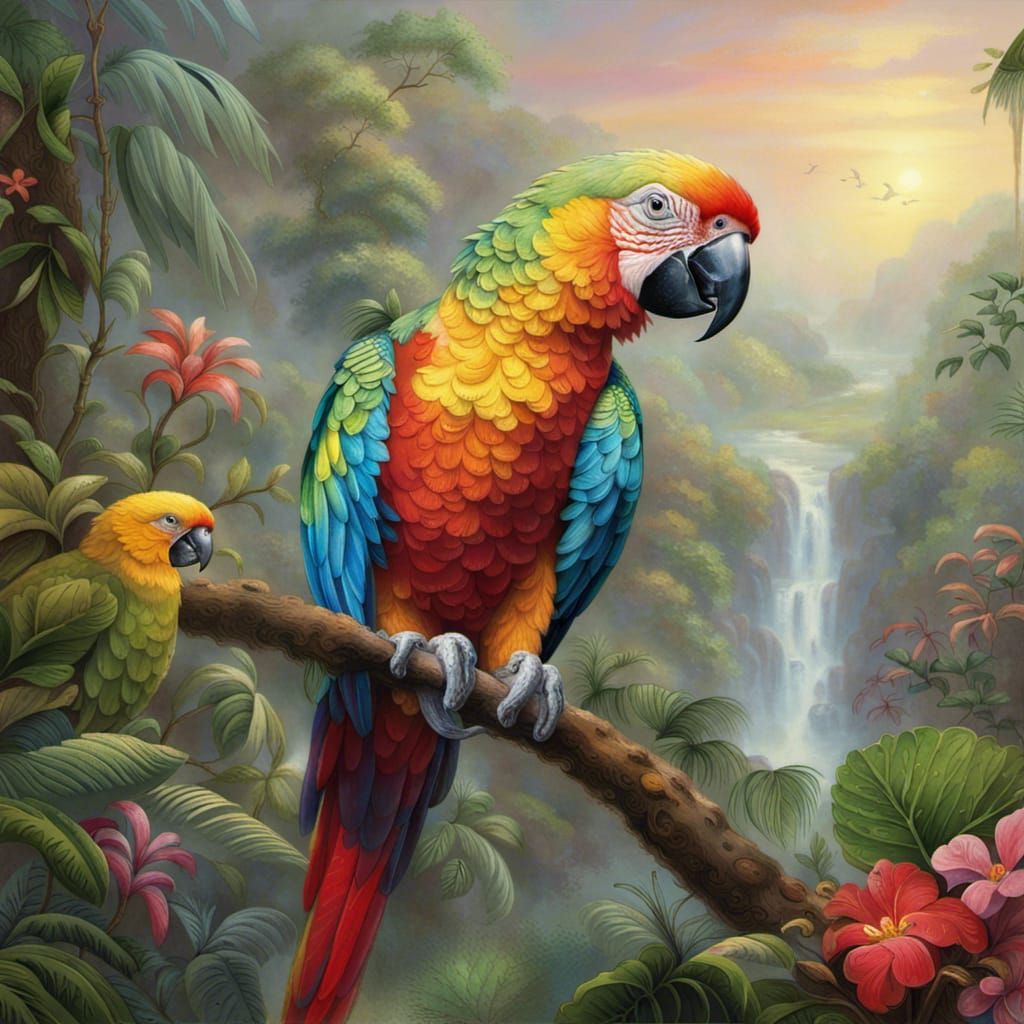 Colorful Parrot Portrait in Ethereal Jungle