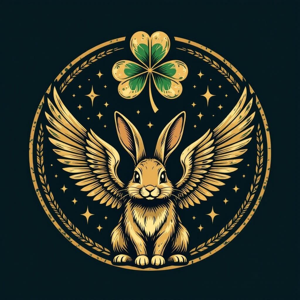 Military Emblem: Winged Rabbit with Clover in Green and Gold