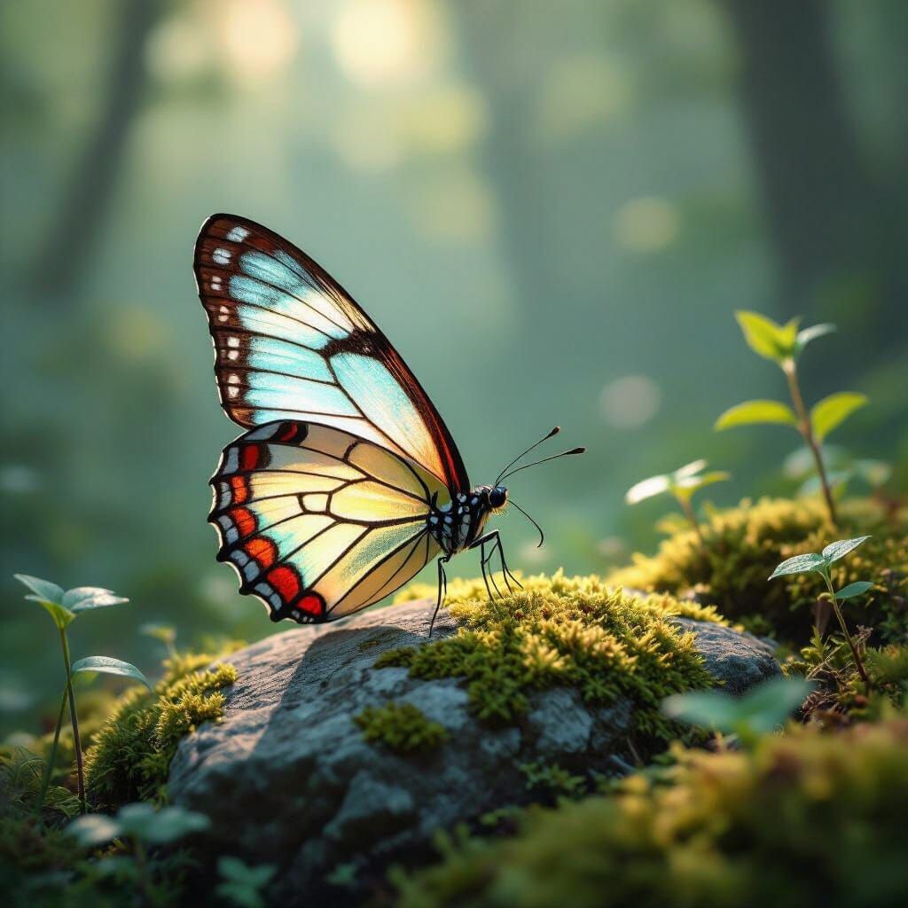Butterfly on Stone in Forest Glade with Volumetric Light