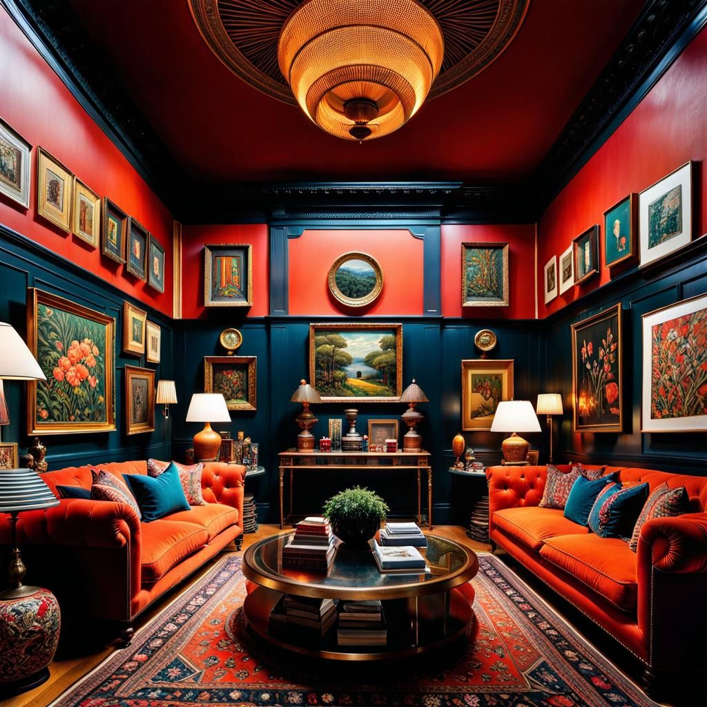 Maximalist hyperdetailed, luxuriously decorated, cluttered, room with books, knick-nacks, objets d'art, ceramics, on she...