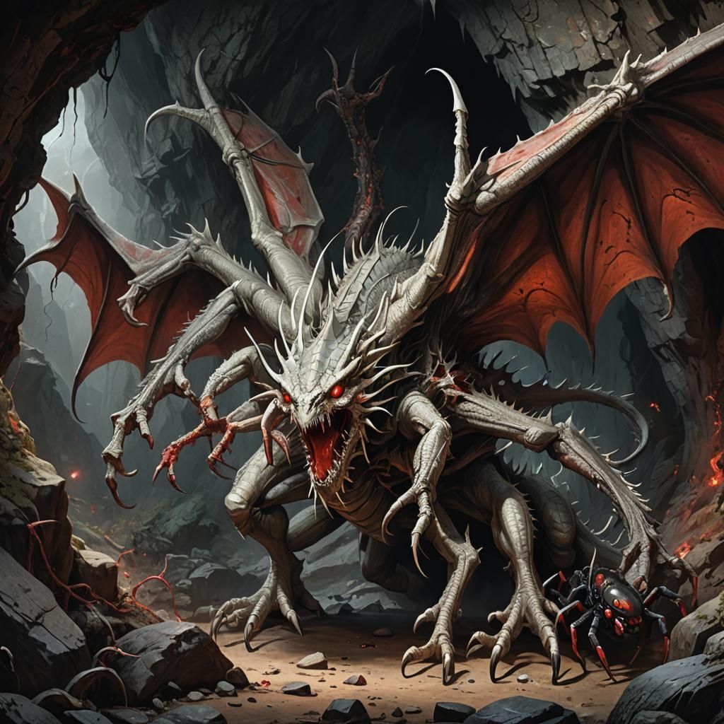 Dragon and Spider Battle in Dark Cave